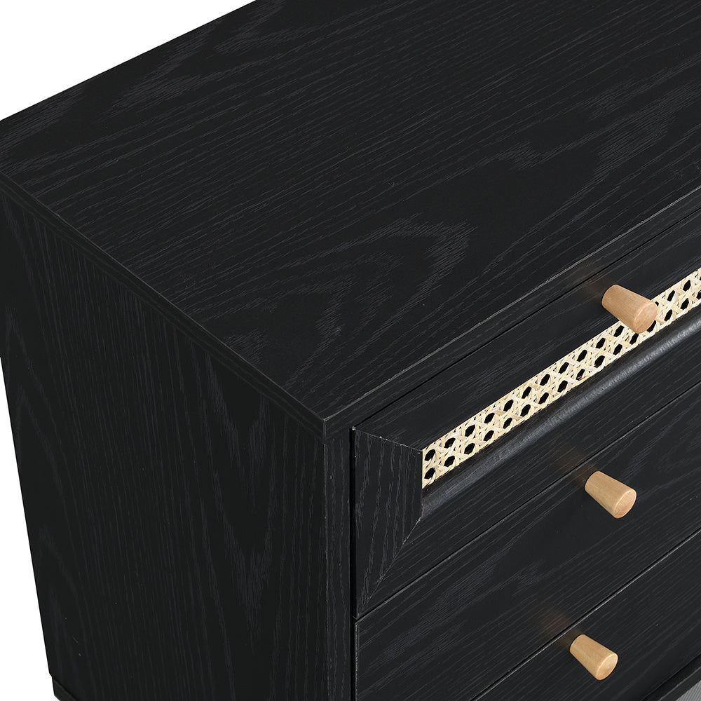 Anya Woven Rattan 3-Drawer Bedside Table in Black Colour