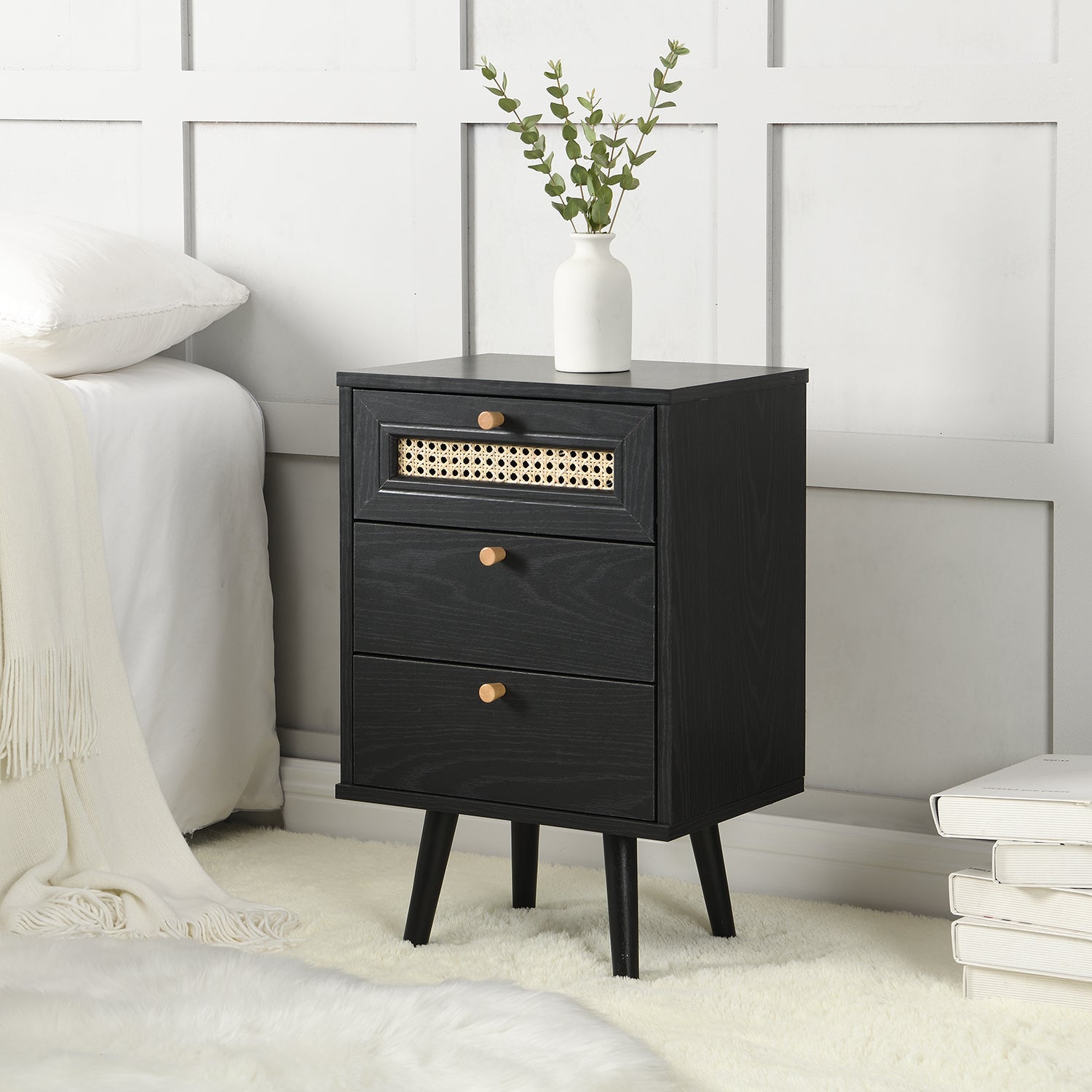 Anya Woven Rattan 3-Drawer Bedside Table in Black Colour