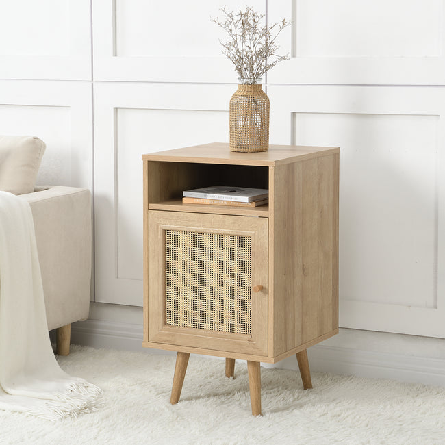 Frances Woven Rattan 1-Door Bedside Table in Natural Colour | daals