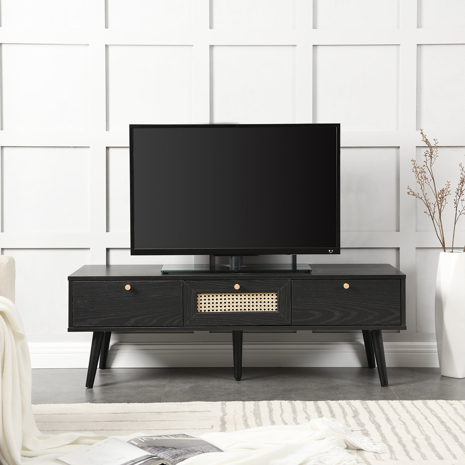 Anya Woven Rattan 3-Drawer TV Unit in Black