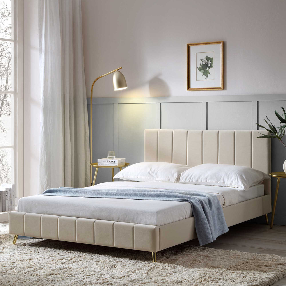 Sylvie Champagne Velvet Upholstered Bed Frame with Golden Legs | daals