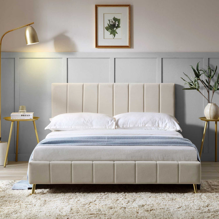 Sylvie Champagne Velvet Upholstered Bed Frame with Golden Legs | daals