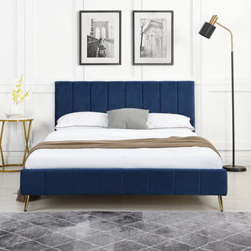 Sylvie Velvet Upholstered Bed Frame with Golden Chrome Legs in Navy | daals