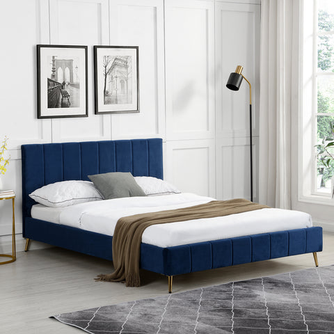 Sylvie Velvet Upholstered Bed Frame with Golden Chrome Legs in Navy | daals