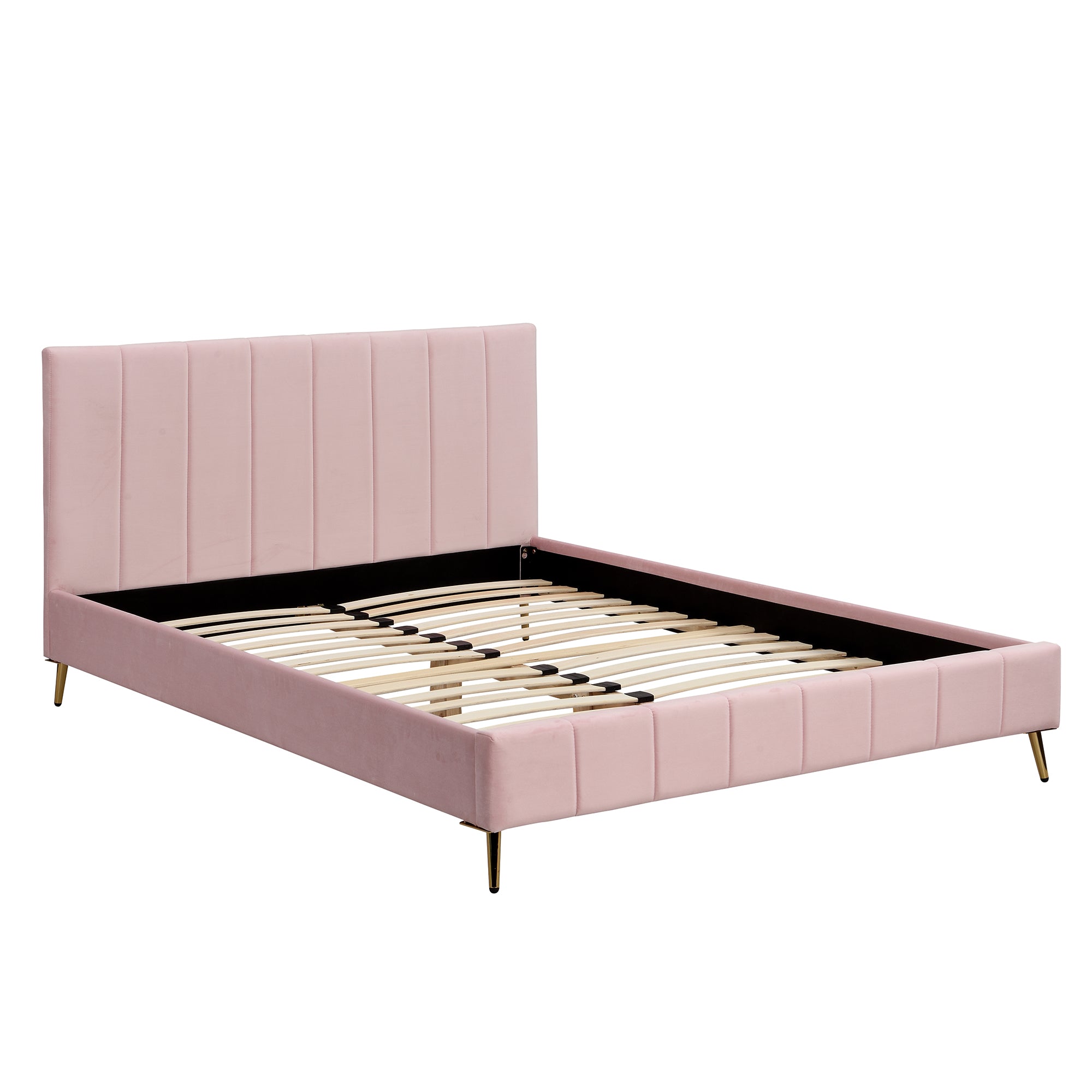 Sylvie Velvet Upholstered Bed Frame with Golden Chrome Legs, Pink Velvet