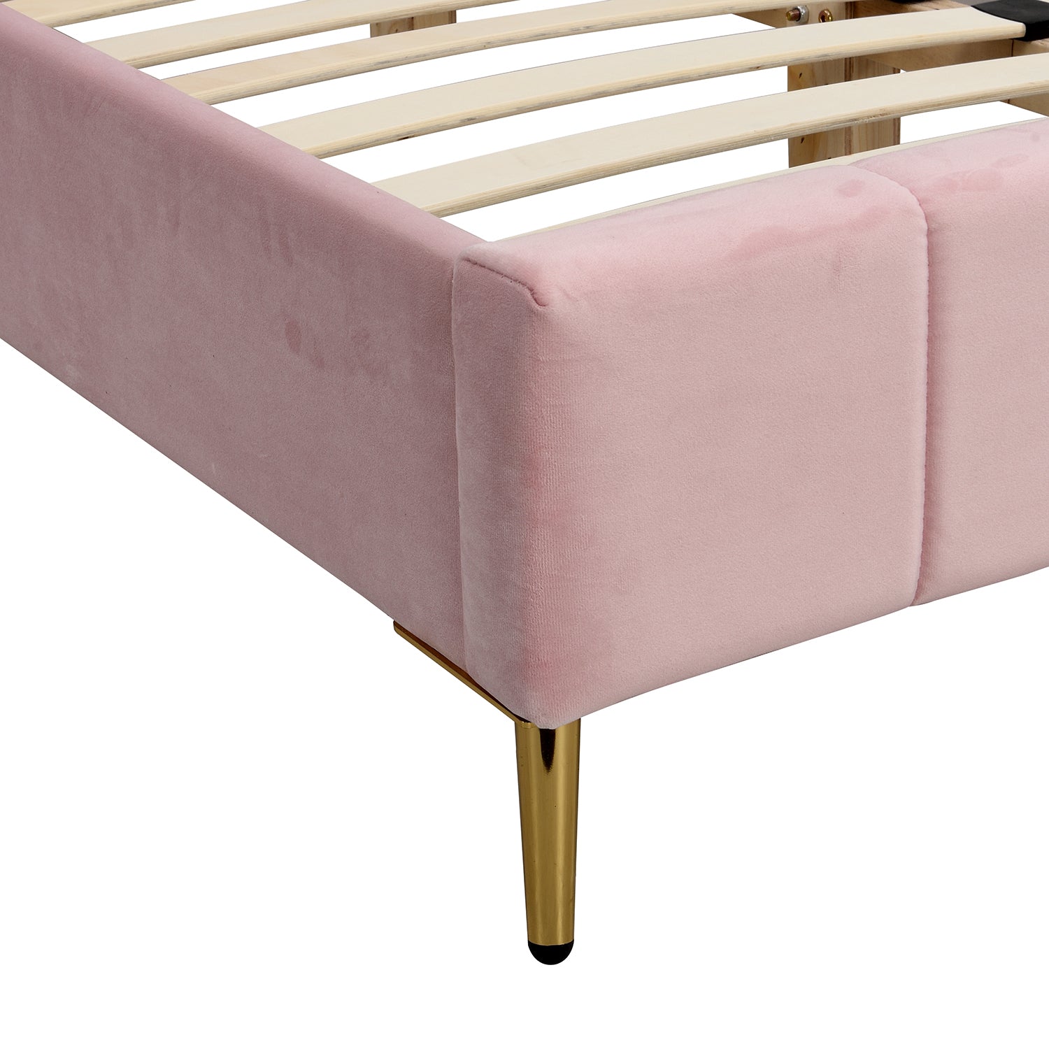 Sylvie Velvet Upholstered Bed Frame with Golden Chrome Legs, Pink Velvet