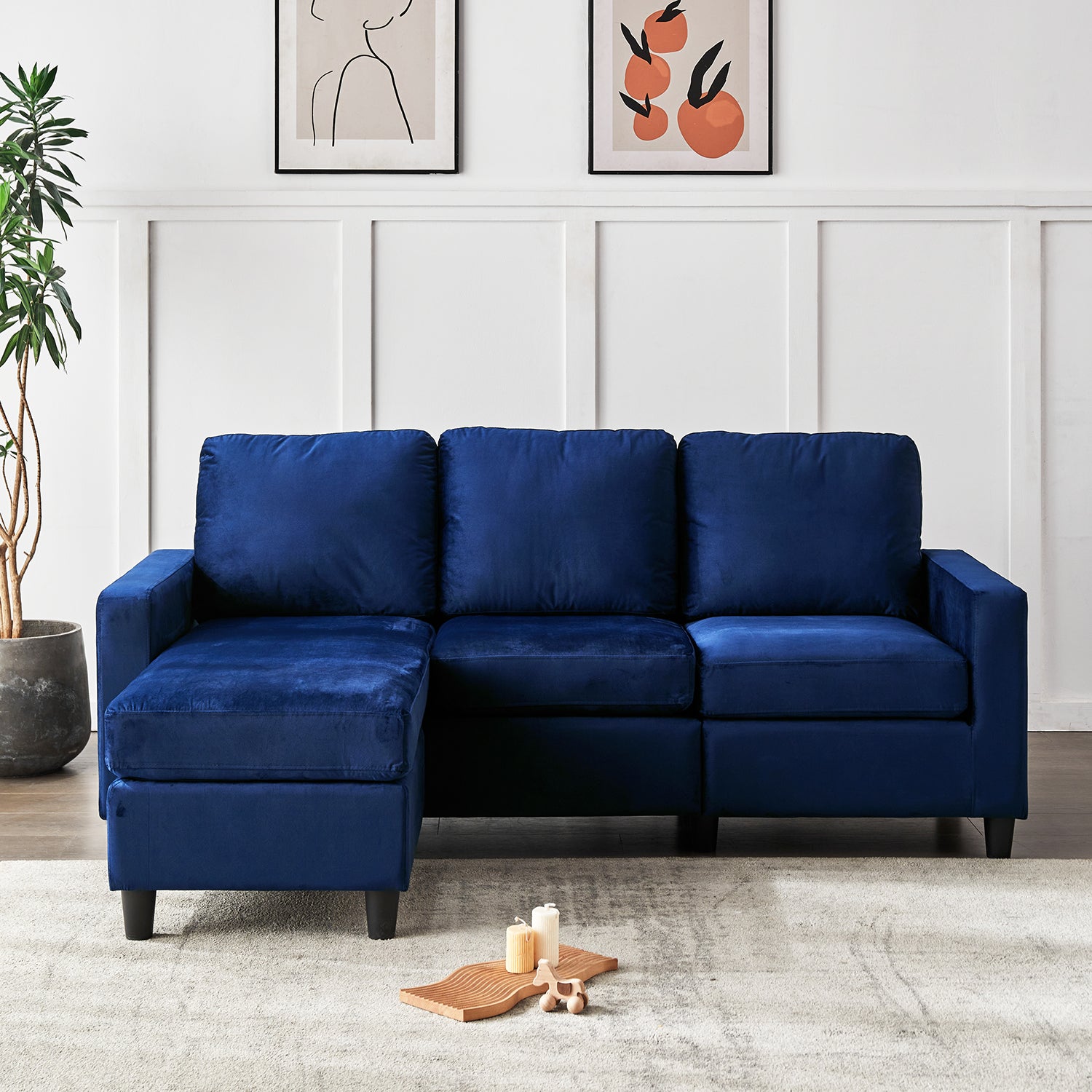 Campbell 3 Seater Sofa with Reversible Chaise in Blue Velvet