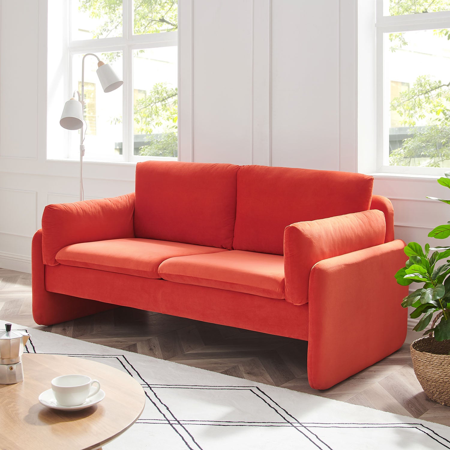 Clapham 2-Seater Flaming Orange Velvet Fabric Sofa