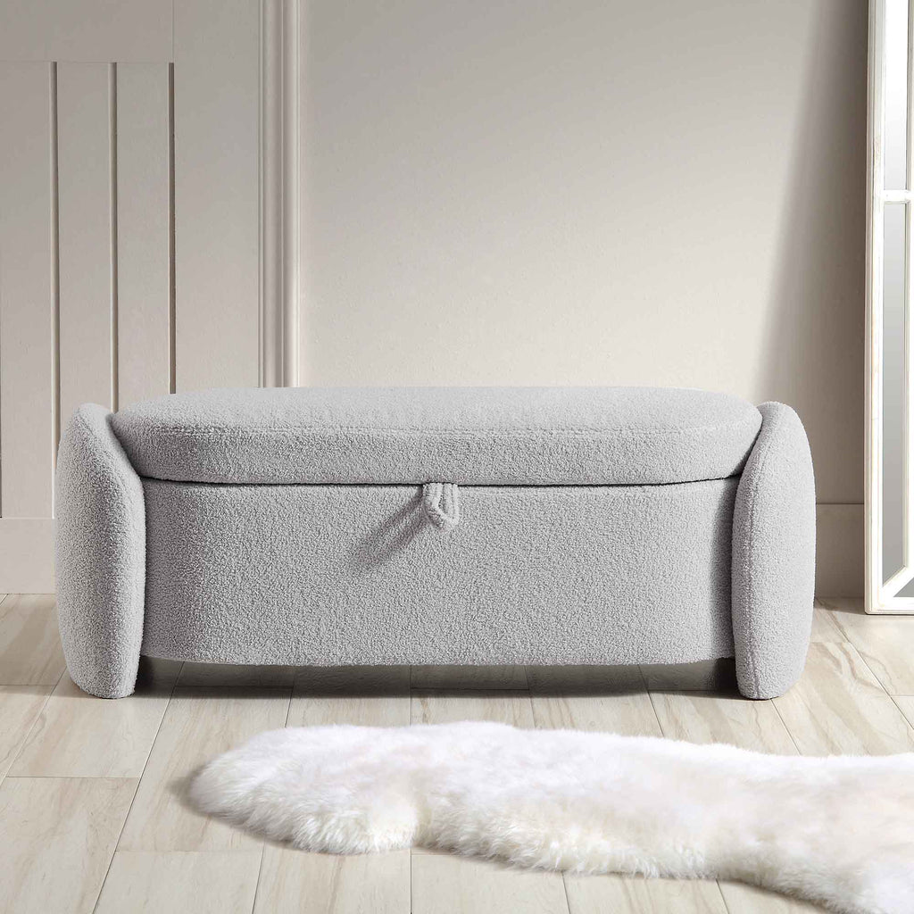 Loha Grey Teddy Boucle 129cm Large Storage Ottoman Bench | daals