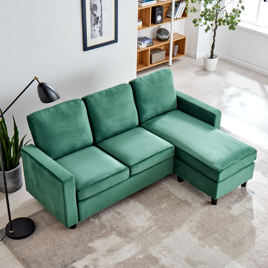 Campbell 3 Seater Sofa with Reversible Chaise in Green Velvet