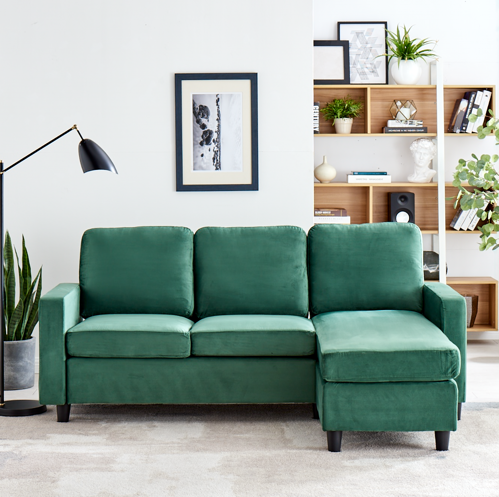 Campbell 3 Seater Sofa with Reversible Chaise in Green Velvet