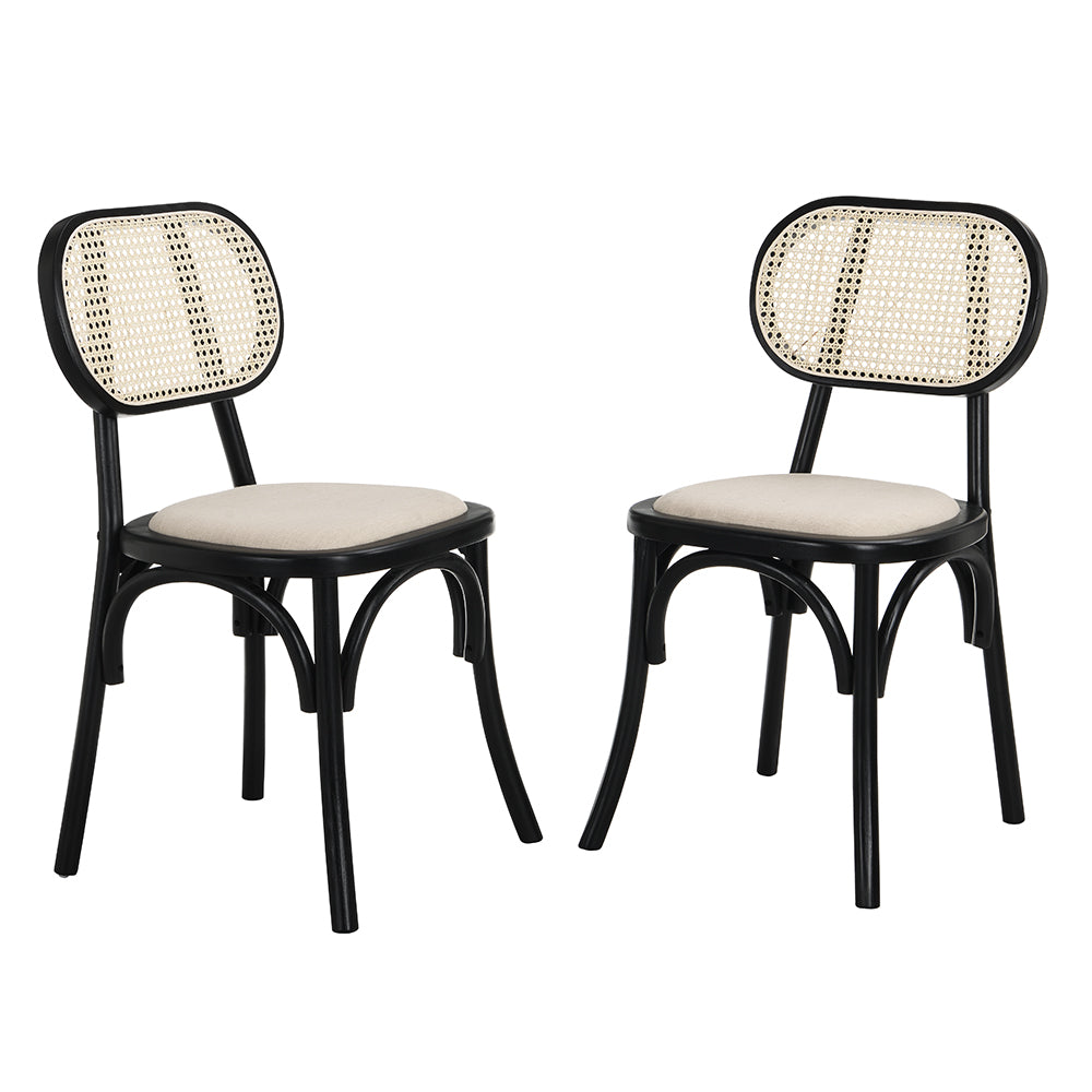 Anya Set of 2 Cane Rattan and Upholstered Dining Chairs, Black Colour ...