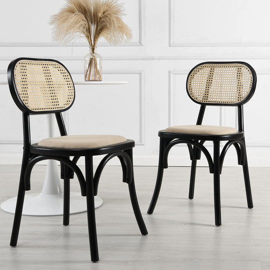 Anya Set of 2 Cane Rattan and Upholstered Dining Chairs, Black Colour ...